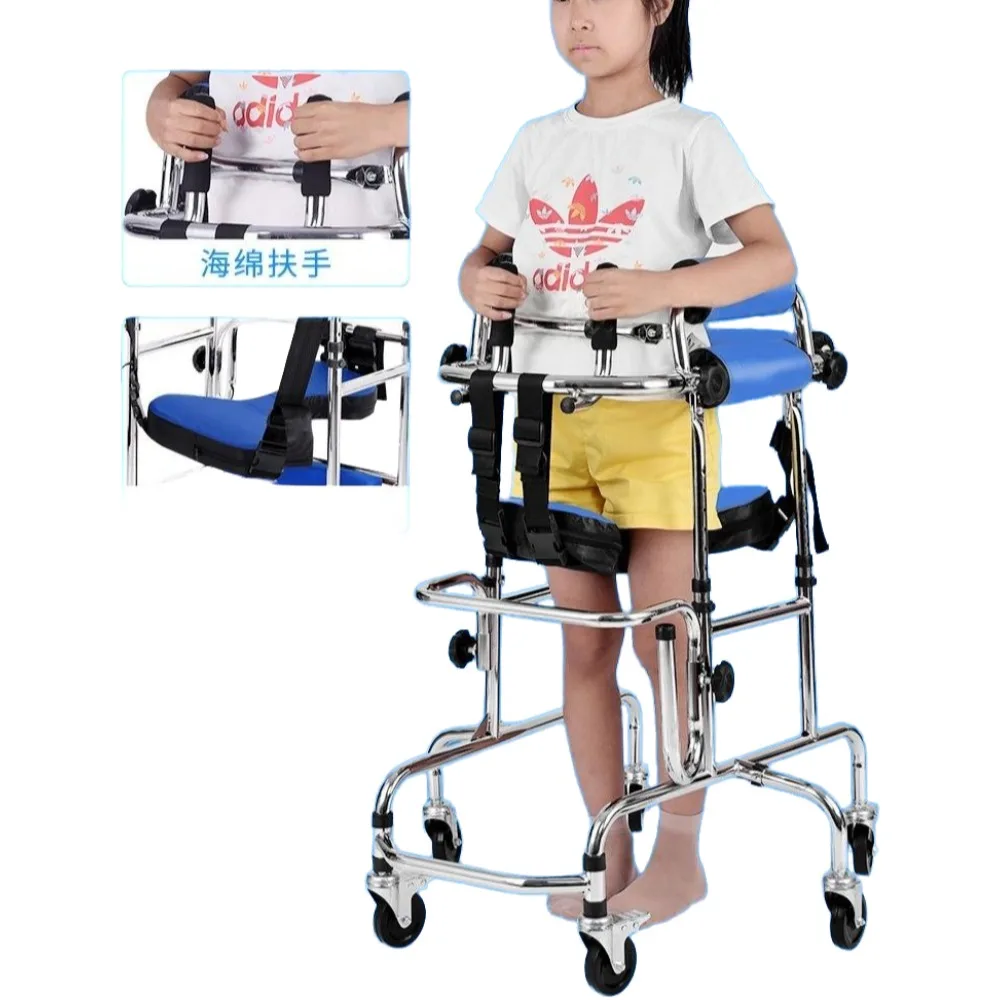 

Adjustable Height Rolling Upright Children Walker Stand Trainner with Seat Walking Aid for Disabled Hemiplegia Stroke Patient