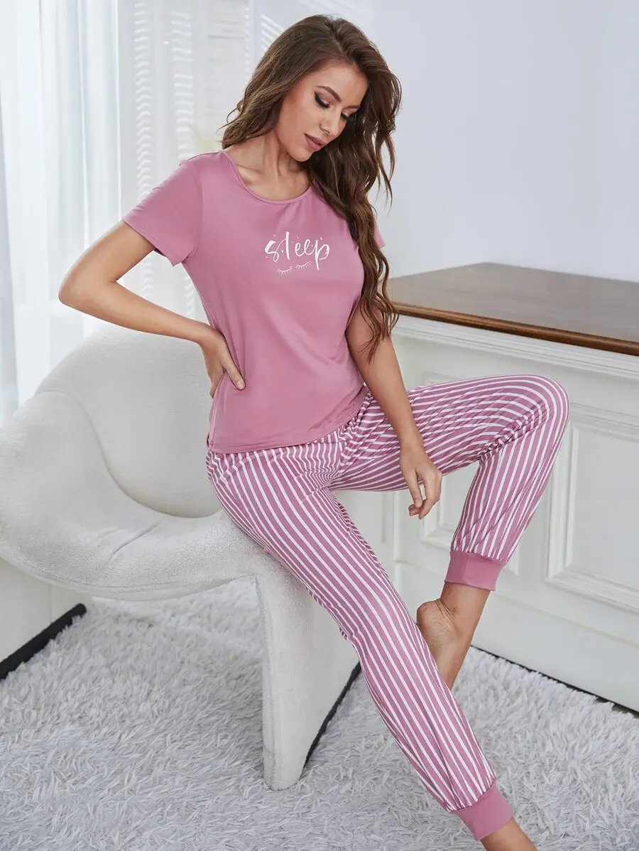 

Pink Eyelash Letter Graphic Tee And Striped Pants Pajama Set