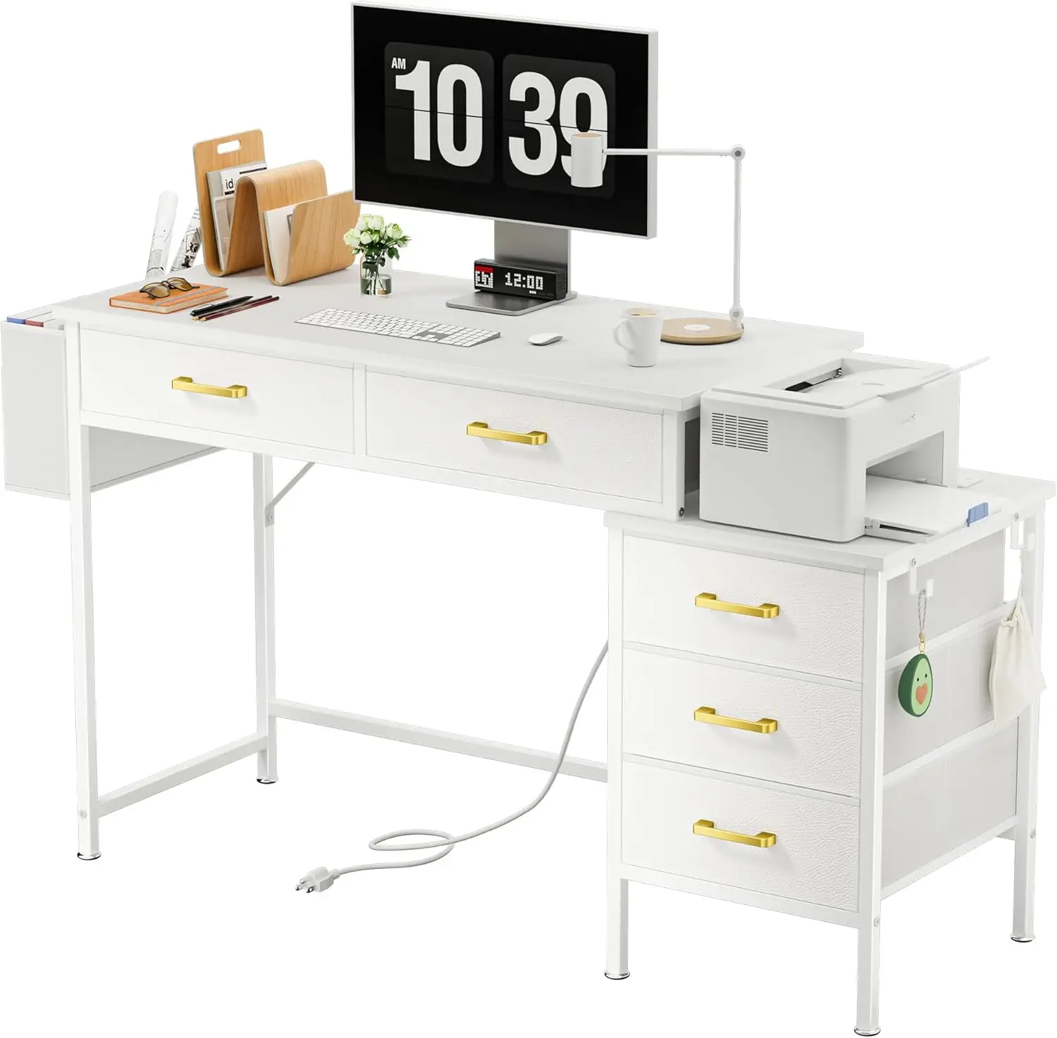 

Computer Desk with Charging Station,Home Office Desks with Printer Stand, PC Desk with 5 Fabric Drawers, White Desk with Storage