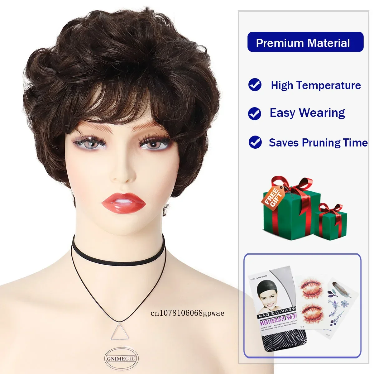 Women\'s Wig Short Curly Hair Dark Brown Wigs with Bangs Natural Daily Fluffy Hairstyle Grandma Mommy Gift Wig Cosplay Party Use