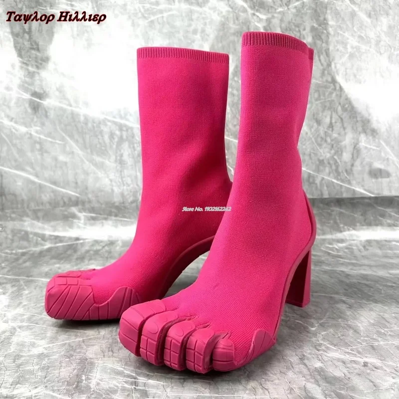 Women'S Pink Split-Toe Pull-On Booties Autumn And Winter New Fashion Special-Shaped With Versatile Catwalk Catwalk Elastic Boots