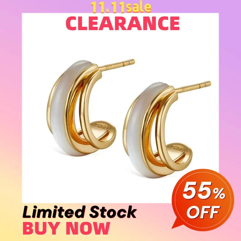 

925 Silver 18K Gold White Mother Of Pearl Dome Tri Hoop Earrings Simple Trendy Small Huggie Earring Clearance Limited Stock