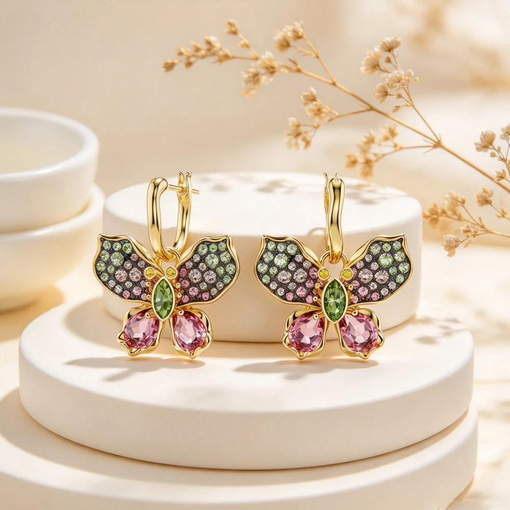 Multi color splicing colorful treasure large flower without ear hole luxury earrings blue purple pink diamond necklace