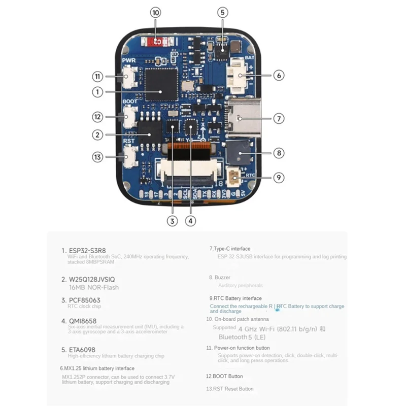 

ESP32-S3 1,69-дюймовый сенсорный ЖК-дисплей, макетная плата микроконтроллера 240X280 ST7789V2, 3-осевое ускорение