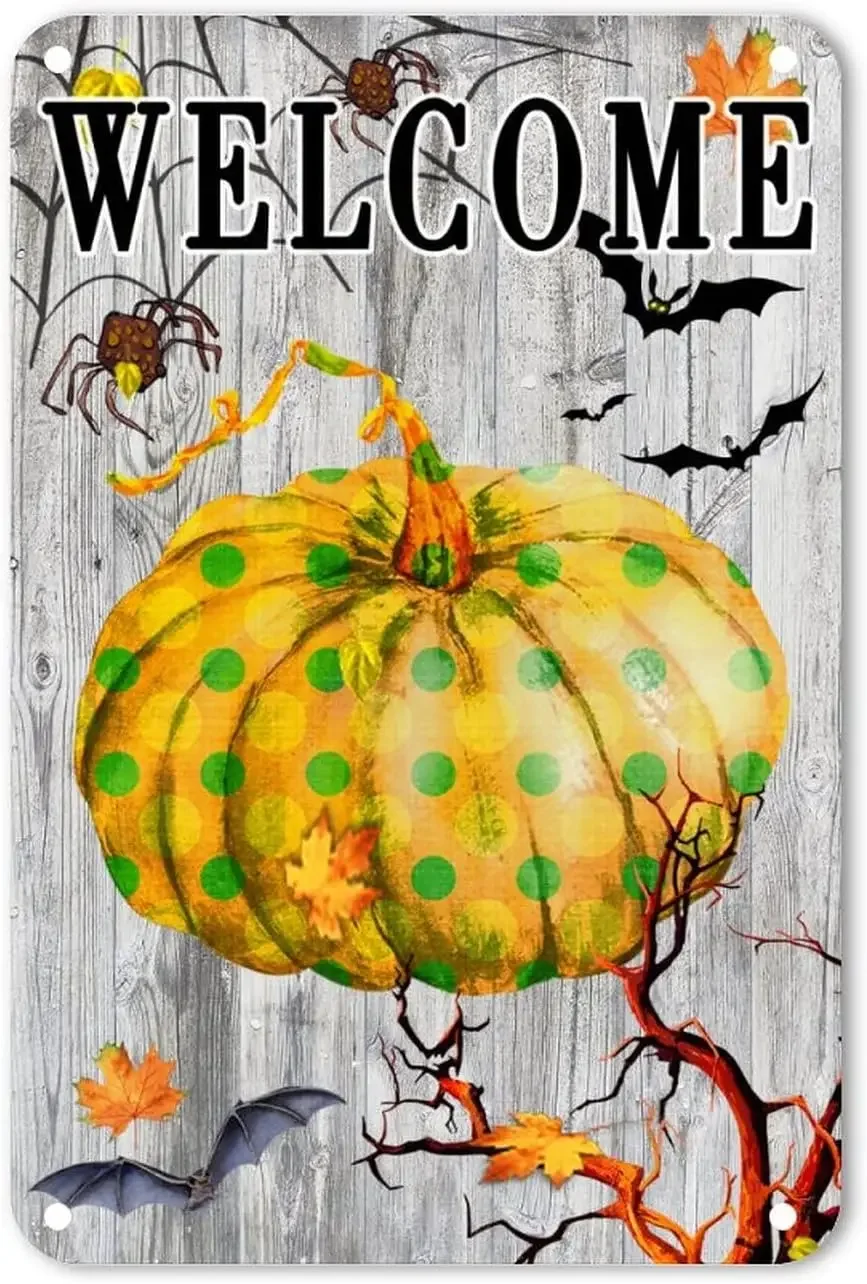 Halloween Welcome Polka Dots Pumpkin Tin Sign Maple Leaves Spider Web Bat Tin Metal Sign Retro Scary Bloody Wall Decor