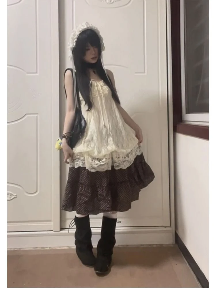 

Early Summer Brown Polka Dot Lace Splicing Halter Dress Women's Fashion Set Vintage Style Bouffant Skirt Two-Piece Suit