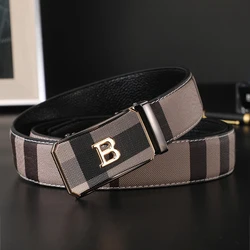 Wide 3.4cm Automatic Metal Buckle Belt for Men Genuine Leather Waistband High Quality Luxury Brand Casual Cowskin Ceinture Homme