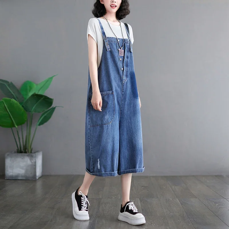 Vintage Blue Black Denim Jumpsuit Women Casual Loose Straight Wide Leg Short Cargo Pants Rompers Jeans Suspender Overalls ZL527