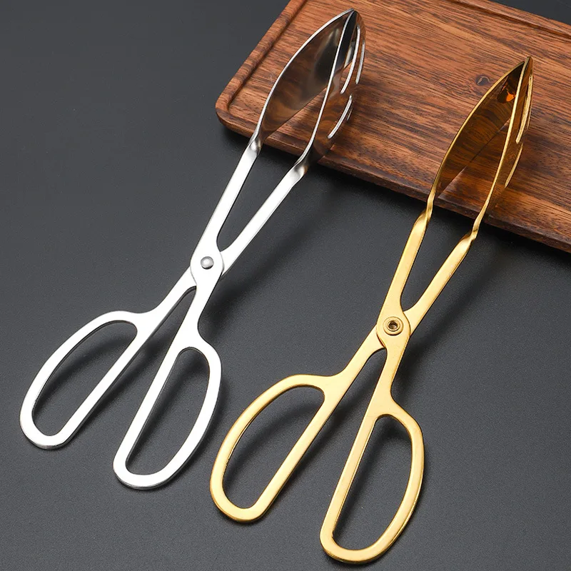 304 Stainless Steel Food Tongs Meat Salad Bread Serving Clip Golden Anti-Scald Handle Scissors Clamp Kitchen Accessories