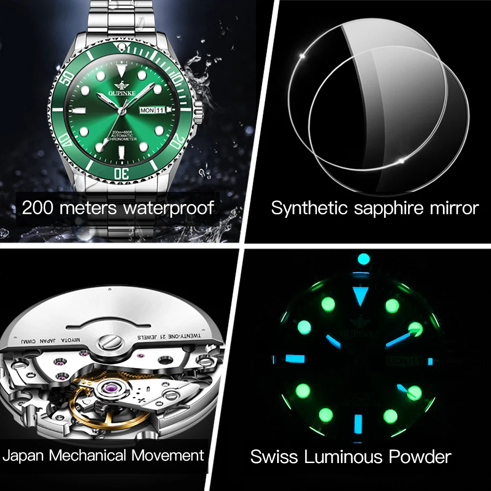 OUPINKE Japan ​Automatic Movement Watch for Men Luxury Green Water Ghost Sapphire Mirror Stainless Steel Men\'s Wristwatches New