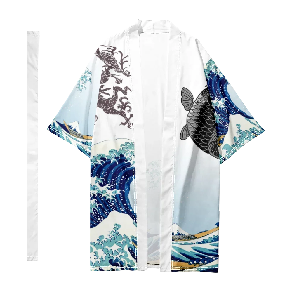 Kimono estampado ondulado para homens e mulheres, camisa havaiana, tops de praia elegantes, roupões Yukata soltos, roupas japonesas, moda verão