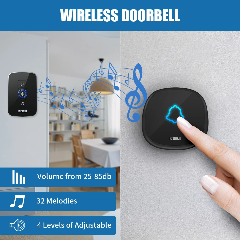 KERUI แหวนไร้สาย Doorbell กันน้ําประตูเบลล์แบตเตอรี่ 500ft รีโมทไร้สาย 32 Chimes 433MHZ กลางแจ้ง