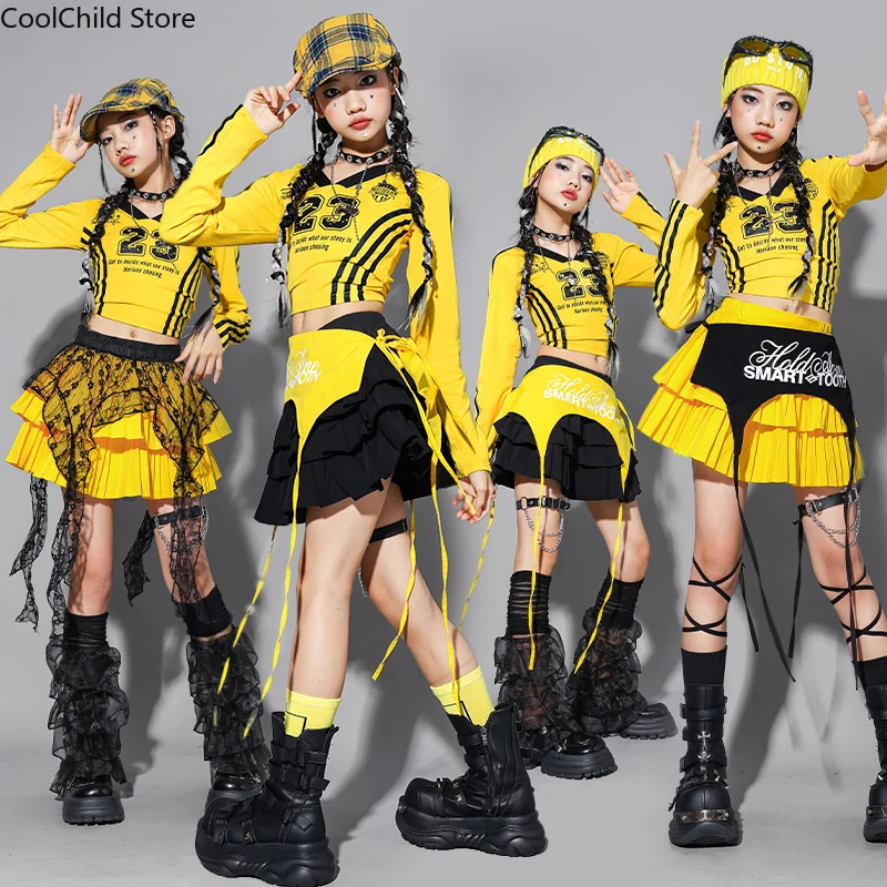 Girls K-pop Fashion Crop Top Joggers Pants Street Dance Layered Skirt Kids Hip Hop Jazz Clothes Sets Children Girl Group Costume