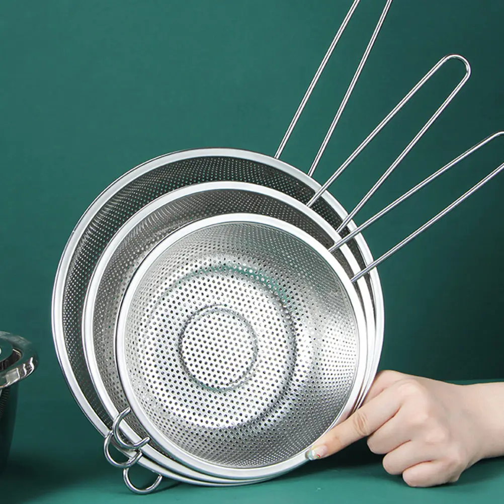 

1Pc Multifunctional Stainless Steel Drain Basket Hollowedout Design Long Handle Vegetable Washing Colander Porous Fruit Strainer