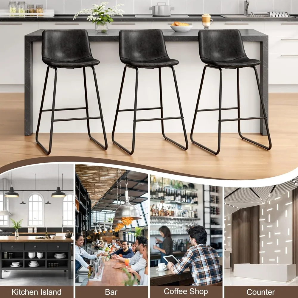 مجموعة مقاعد بار مكونة من 2، مقاعد بارتفاع من الجلد الصناعي، مقاعد للبار حديثة مقاس 26 بوصة بأرجل معدنية ومسند للقدمين، عد حضري بدون ذراع #3