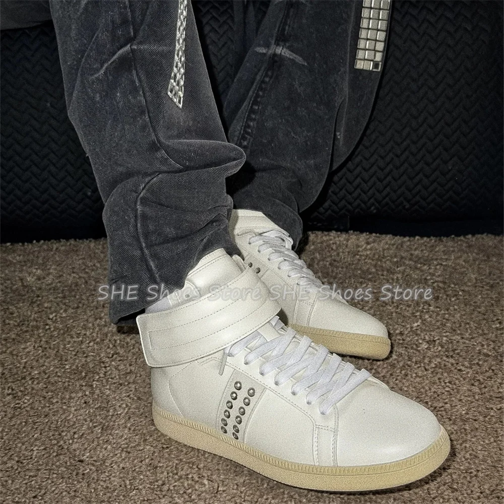 Punk Rivet Lace-Up High Top Male Sneakers Round Toe Chunky Heel Sport Shoes for Men Fashion Casual Streetwear Board Shoes