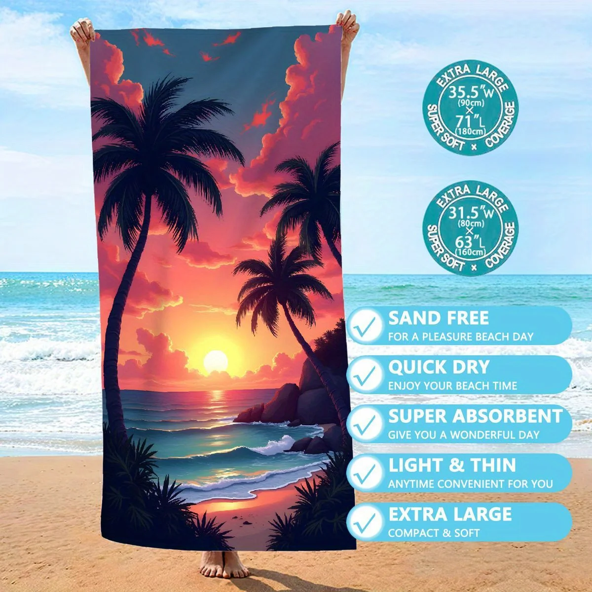 

Vibrant Tropical Sunset Waterproof Bath Towel - Enjoy Beach Vibes with Palm Trees and Ocean Views in Stunning Colors