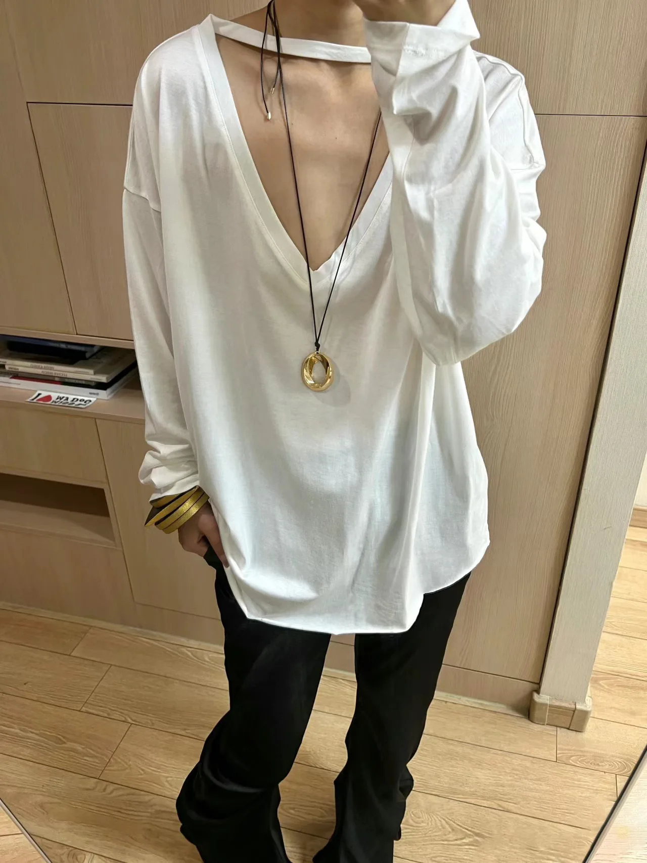 Y2K design sense before and after two wear V-neck long-sleeved T-shirt casual loose versatile women's tops 2024 autumn new