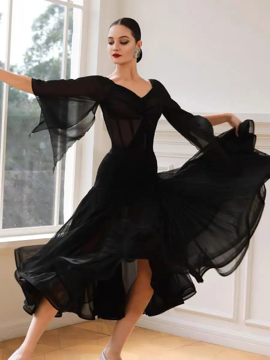 modern-dance-exam-big-skirt-mesh-bell-sleeve-waist-cinch-chiffon-skirt-one-piece-waltz-performance-women's-dance-costume