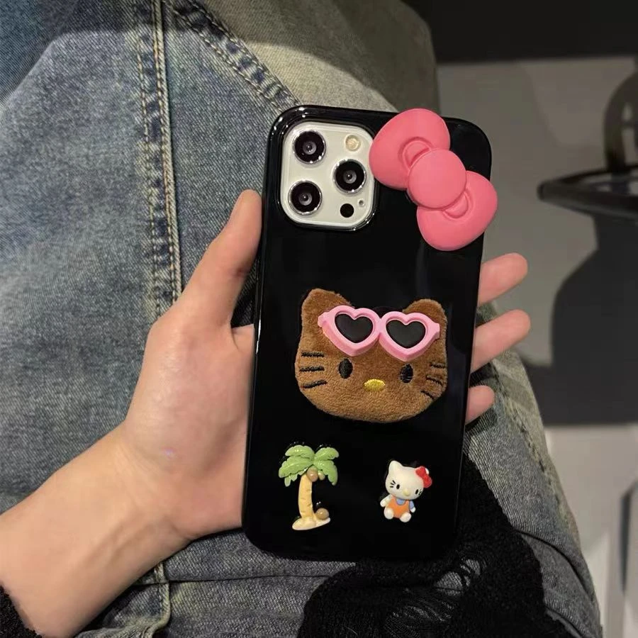 Cute Black skin plush Hello Kitty Phone Case For Iphone 15 14 13 Promax Y2k Girl 3D Doll sanrio bow Phone Protective Cover