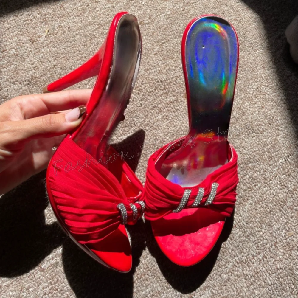 Red Pleated Suede Open Toe Slippers Round Toe Women Shoes Stilettos High Heels Party Banquet Dating 2025 Zapatos Para Mujere