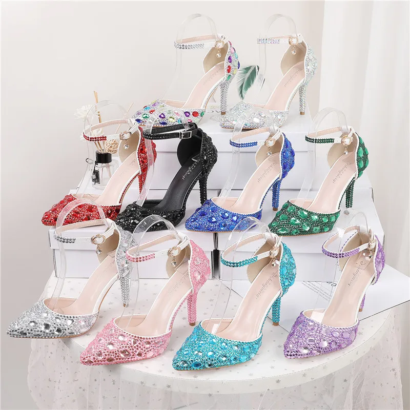 2024 Colorful Diamond High Heel Women's Shoes New Multi Color Banquet Pointed Low Top Solid Color Fashion Princess Wedding Shoes image 6