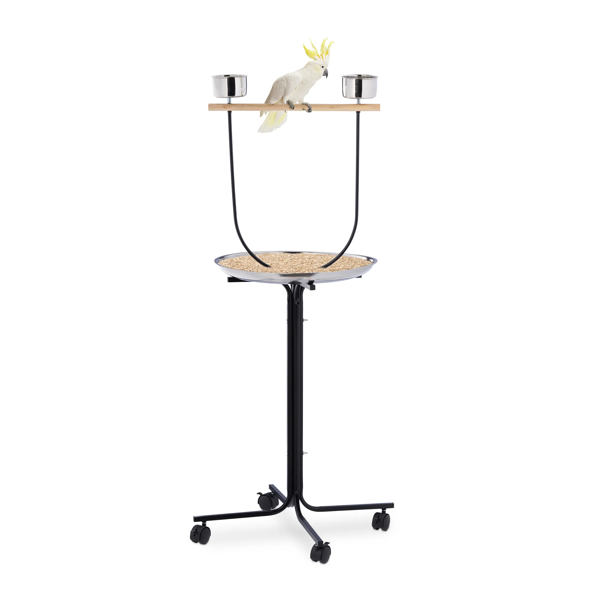 Supporto per pappagalli, 2 ciotole, con ruote, per uccelli, posatoio in legno e vaschetta raccogli-sporco, acciaio, nero, Relaxdays