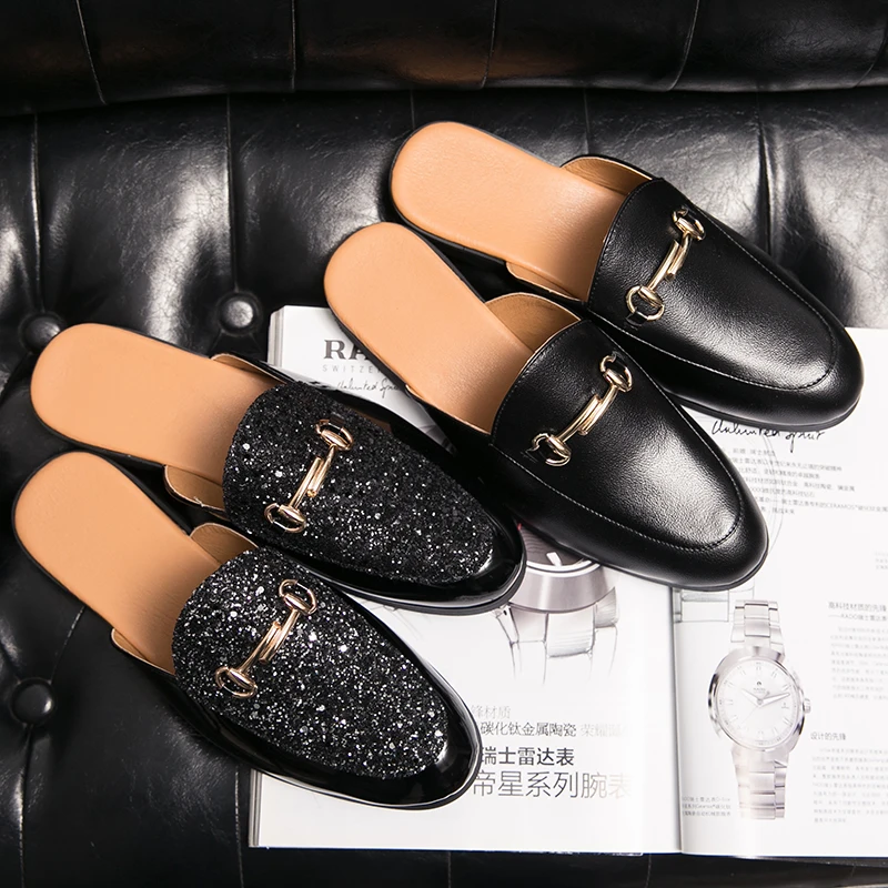 Summer Half Shoes For Men Dress Shoes Mules Man Slides Leather Semi-Drag Casual Shoes Backless Loafers Slippers Flats Sandals