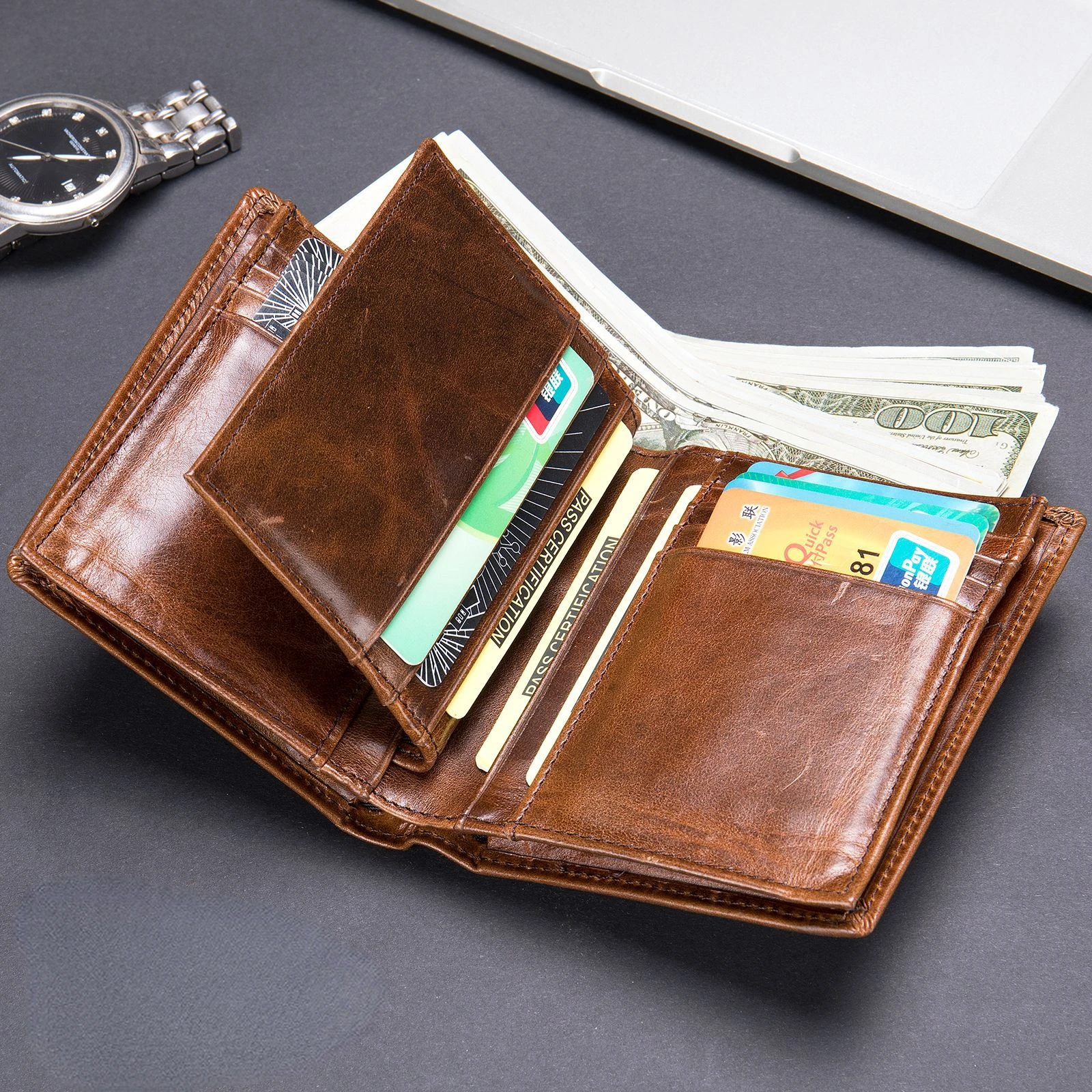 Cowhide Men Wallet Short RFID Genuine Leather Card Wallets Bifold Luxury Design Male Samll Purse Credit Card Holder Clutch