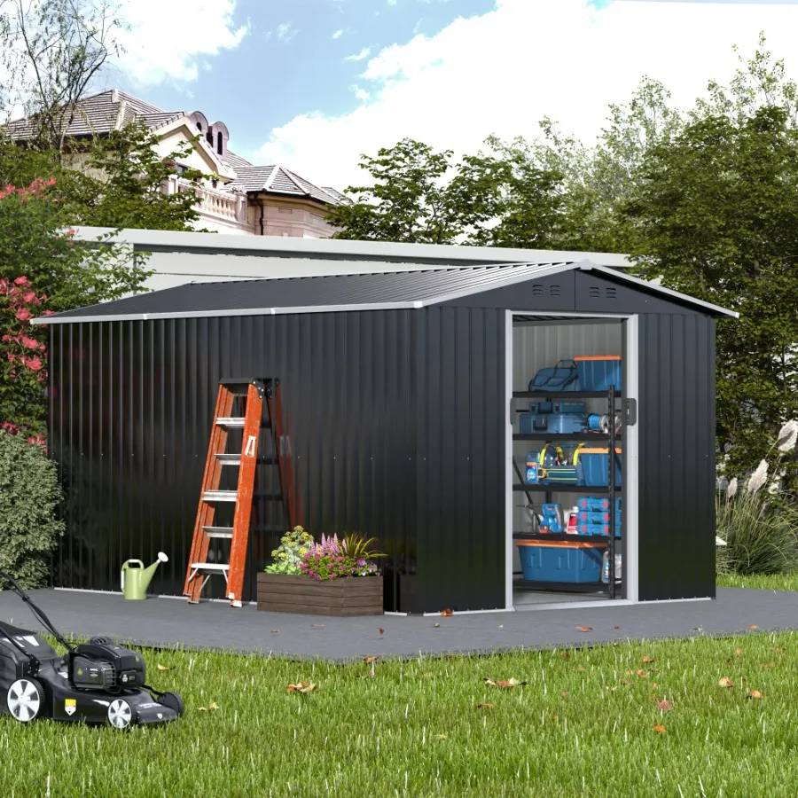 

8 x 12 Ft Outdoor Storage Shed, Metal Garden Shed w/ Lockable Sliding Doors, Vents, Large Tool House for Backyard Patio Lawn, C