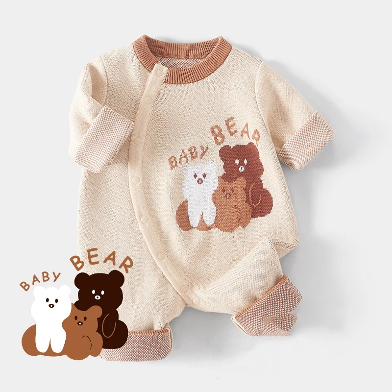 

UNITIM Spring Kids Baby Girls Rompers Bear Jacquard Knited Newborn 0-1Y Boys Bodysuits 100% Cotton Toddler Boys Jumpsuits Onesie