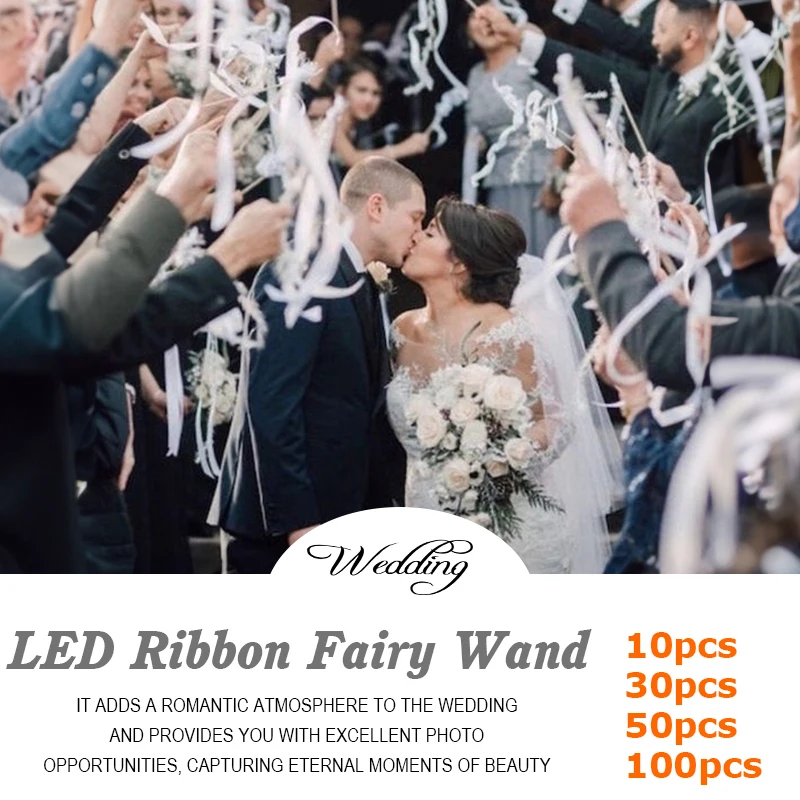 10~100pcs Wedding Glow Up Ribbon Wands Fairy Sticks With Golden Silver Bells Twirling Lace Streamers Party Cheering Prop Decors