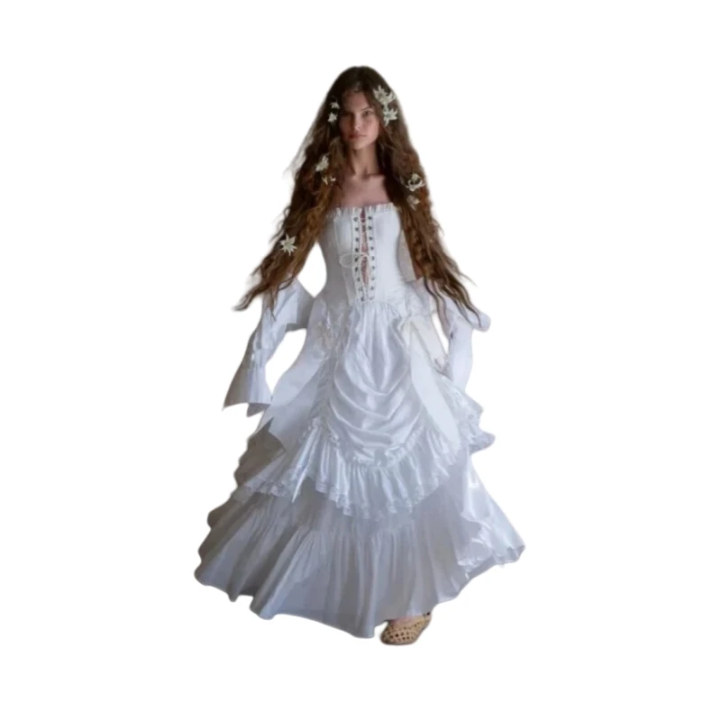 فستان حفلة موسيقية عتيق على الطراز الفيكتوري برباط مكشكش ومطوي طويل بدون حمالات مع أكمام قابلة للإزالة حسب الطلب