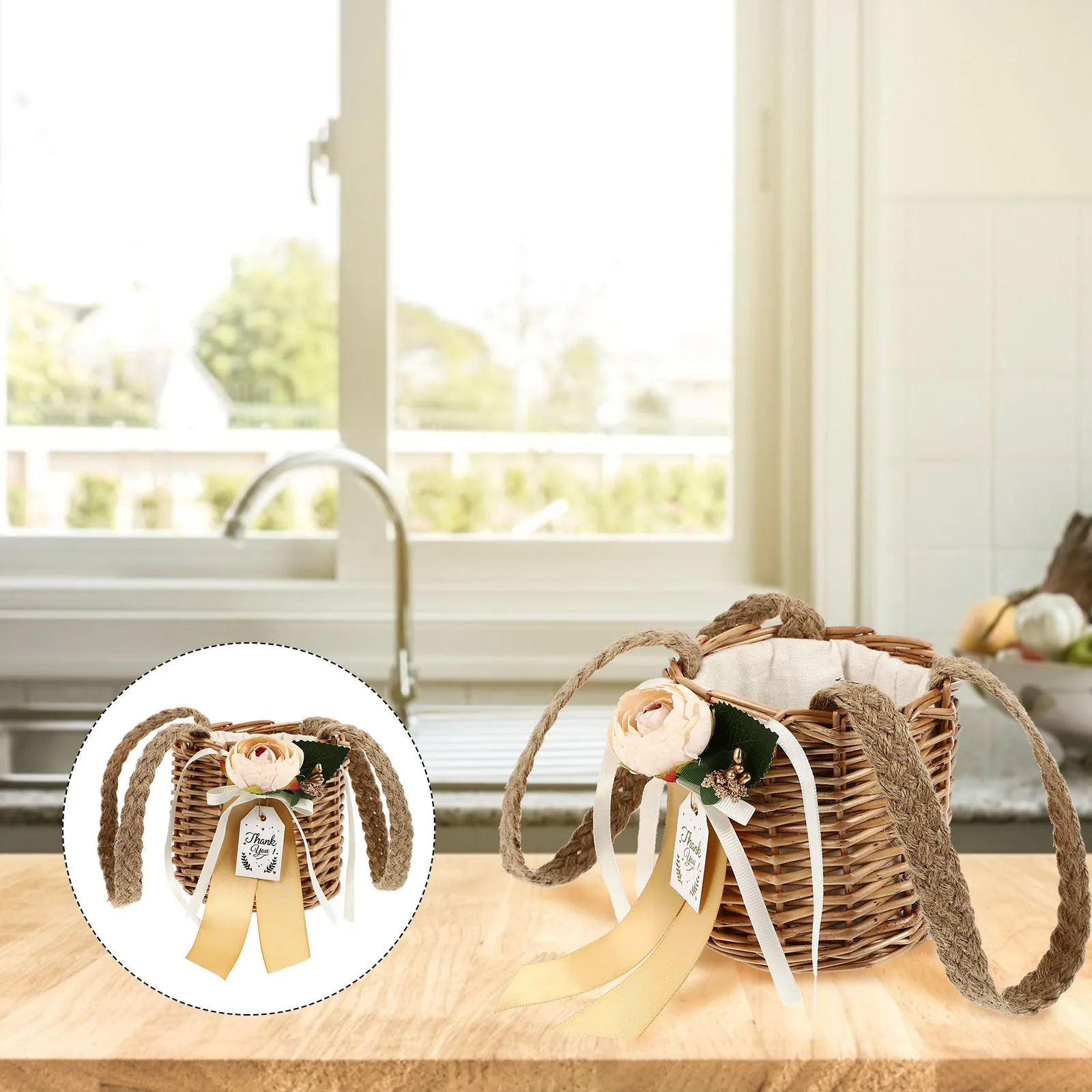 1 قطعة سلة الهدايا المنسوجة سلة تخزين صغيرة مصنوعة يدويًا من الخشب لتغليف الهدايا على شكل زهرة الحلوى وتخزين الشوكولاتة لحفلات الزفاف