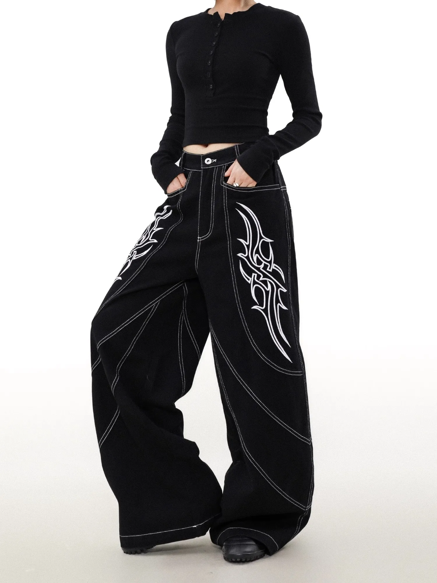 

Широкие джинсы с американской вышивкой в стиле ретро, свободный крой, мешковатые зауженные повседневные прямые джинсовые брюки для молодежи