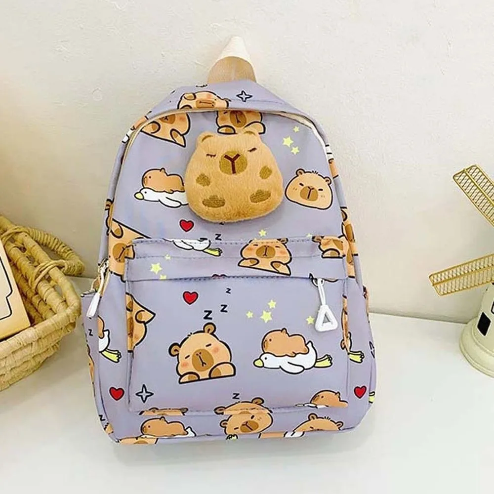 人形装飾カピバラバックパック厚手ナイロン漫画動物デイパック幅広ストラップ折りたたみ式大容量スクールバッグ友達向け