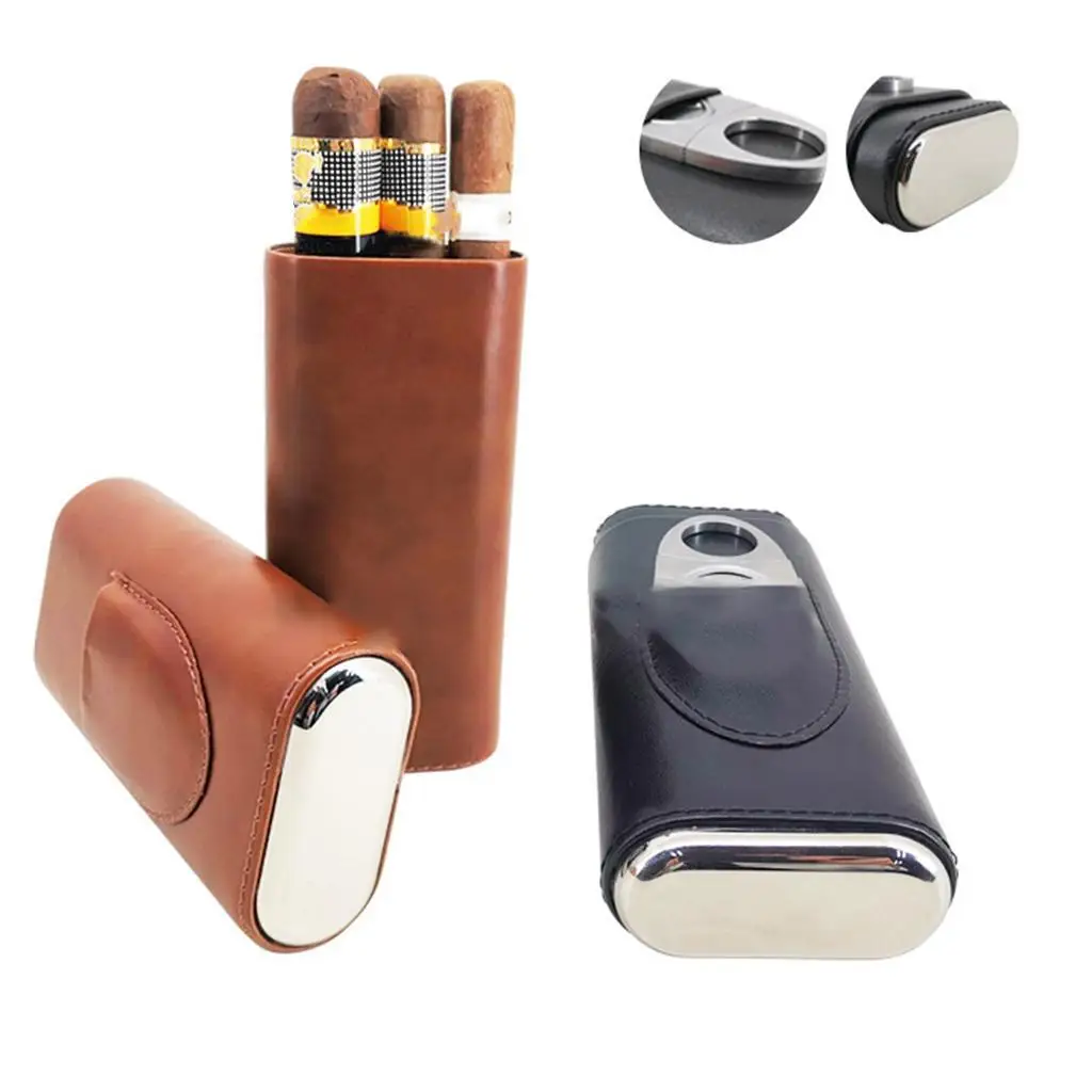 Leather Cigar Case Tube Travel Holder 3 Tube Cutter Brown