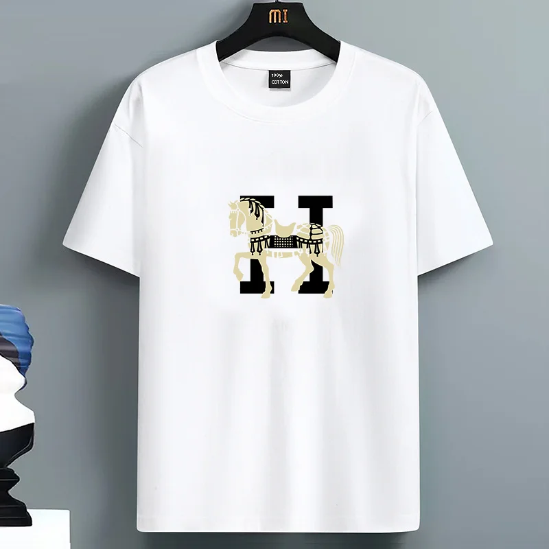 

2026 Весенне-летняя футболка высокого качества из 100% хлопка с принтом лошади, повседневная с короткими рукавами