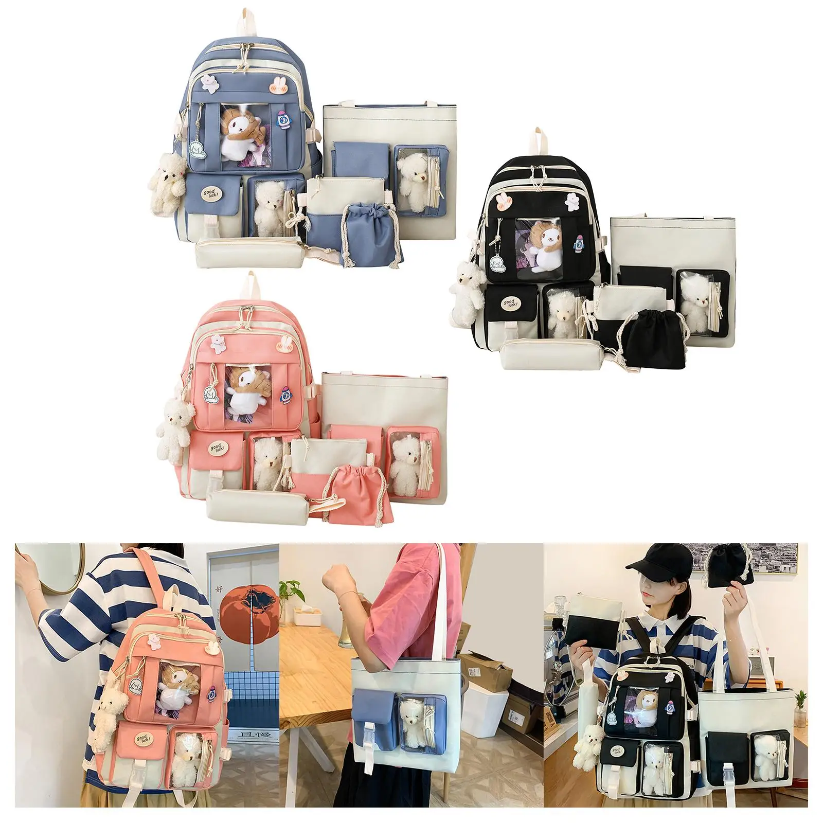 

5Pcs Women Backpacks Schoolbag Female Travel Bag Portable Teens Handbag Gift