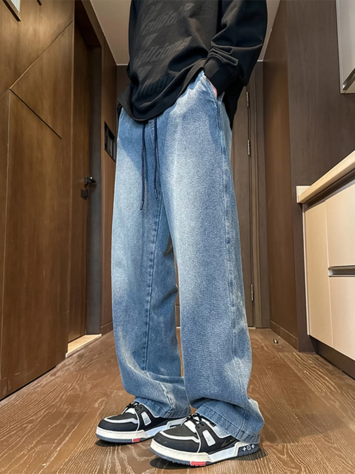 

Синие мужские джинсы в стиле ретро в американском стиле, весна-осень, модные свободные прямые широкие брюки, крутые мужские брюки High Street