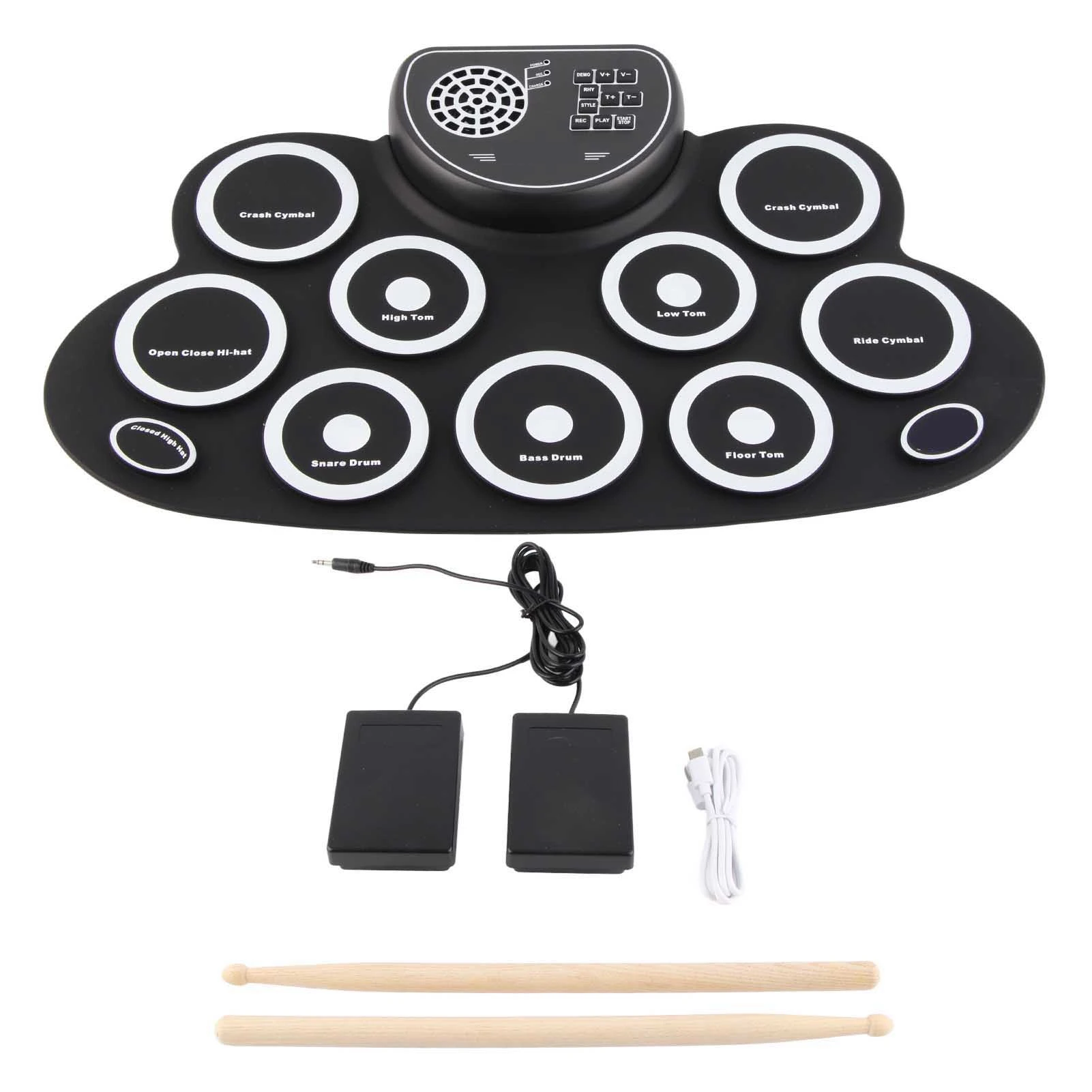 Almohadillas de batería con altavoces, juego de batería enrollable, juego de batería electrónica, altavoz recargable por USB, almohadilla de práctica de tambor enrollable para niños, color blanco