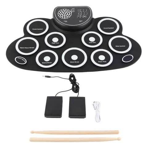 Drum Pads with Speakers Roll Up Drum Set Electronic Drum Set USB Rechargeable  Speaker Kids Roll Up Drum Practice Pad White