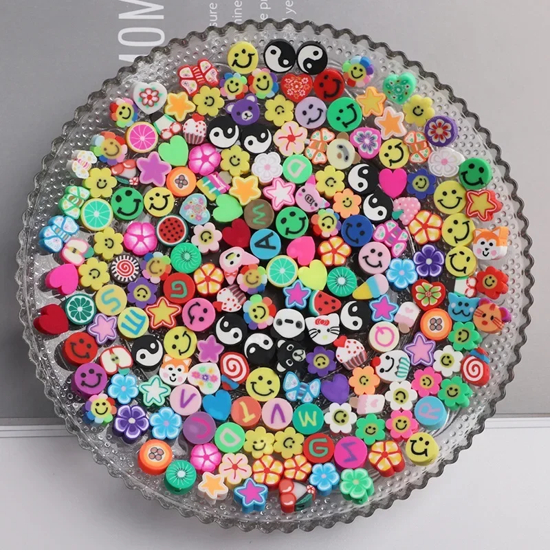 30pcs Happy Face Flower Beads 9mm Cute Cartoon Clay Beads for Jewelry Making Heart Shape Diy Bracelet Necklace Accessories