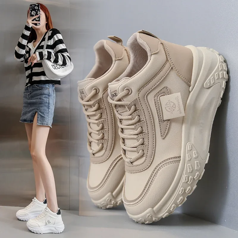 Thick Sole Shoes for Women Casual Sneakers Solid Patchwork Pu Leather Lady Shoes Fashion Incressed Dad Shoes Women Sport Sneaker