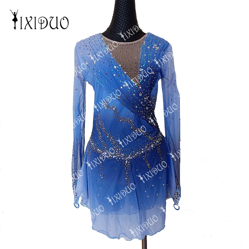 Blue Figure Skating Dress for Women Girls Competition Ice Skating Outfits Long Sleeve Kids Performance Shiny Dance Costume