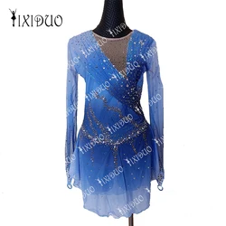 Blue Figure Skating Dress for Women Girls Competition Ice Skating Outfits Long Sleeve Kids Performance Shiny Dance Costume