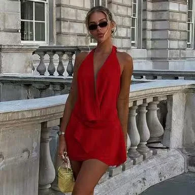 Sommer Neue Kleider Mode Neckholder Damen Einfarbig Ärmellos Sexy Tiefer V-Ausschnitt Mini-Kleider Lässige Schlanke Streetwear Damenkleider