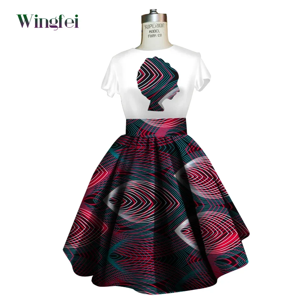 2 Pieces Set African Print Skirt and Top Patchwork Africa Style T-shirt and Short Skirt Dashiki Dress African Men Boubou WY2726