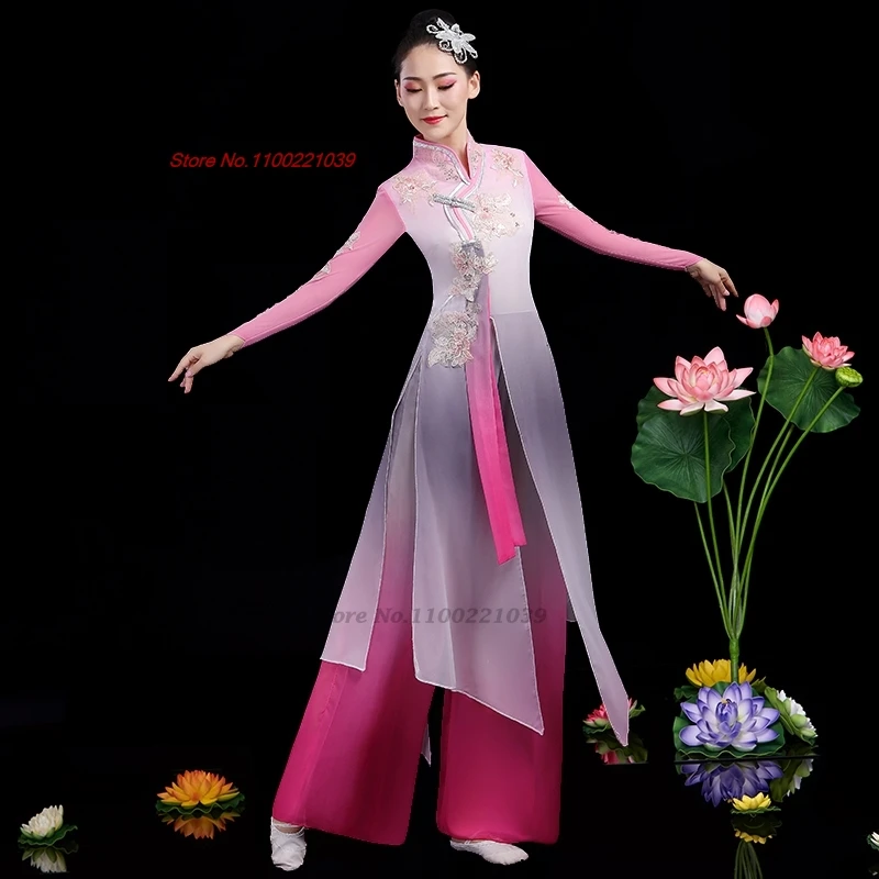 2025 ancient chinese vintage dance dress national flower embroidery qipao tops+pants set festival folk dress stage performance