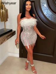 Wishyear Sexy Night Club Abito corto di lusso con mini piume e paillettes in rete trasparente per abito da festa aderente bianco di mezzanotte da donna